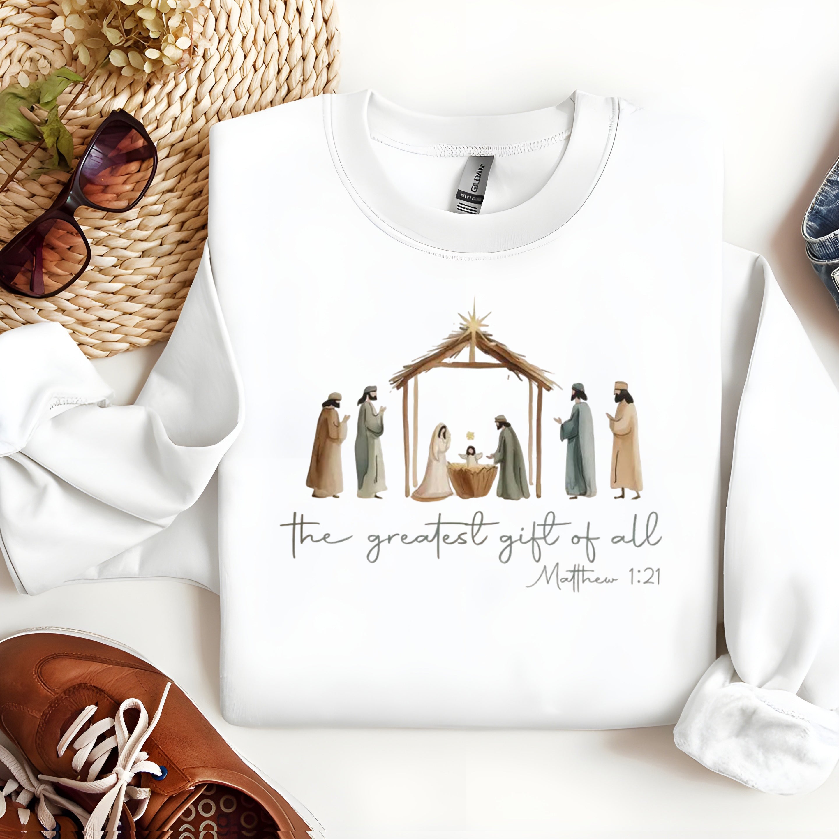 The Greatest Gift Of All Sweatshirt, Nativity Scene Christian Pullover, Religious Holiday Crewneck